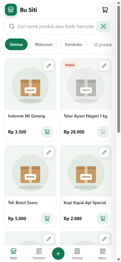 Tangkapan layar aplikasi kasir WarungKu di HP: daftar produk dengan harga dan tombol keranjang