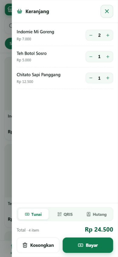 Keranjang belanja WarungKu dengan pilihan metode pembayaran Tunai, QRIS, dan Hutang
